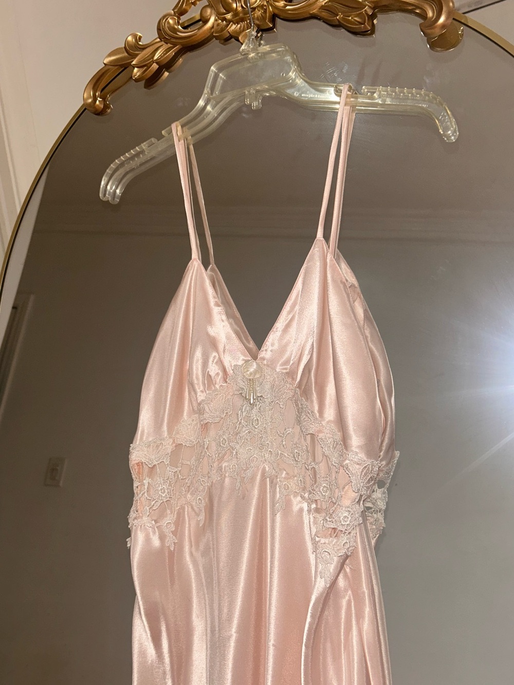 Private Luxuries Silky Blush Pink Lace-Trim Slip Nightgown with Beaded Detail